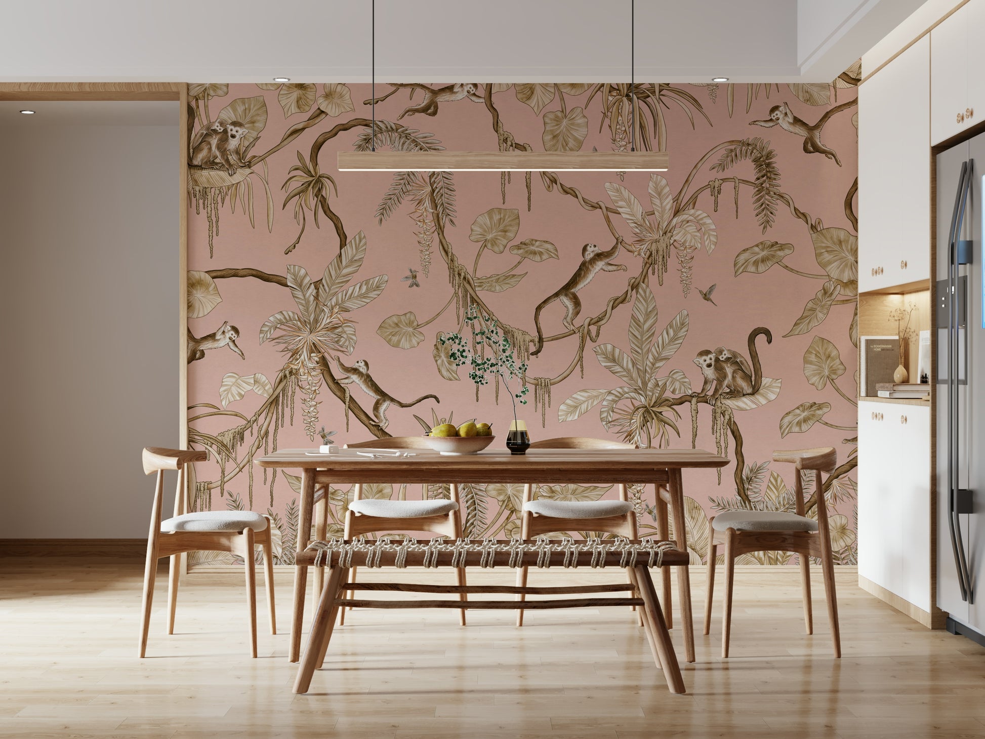 Tropical wall art with monkeys interacting amid pink and leafy greenery