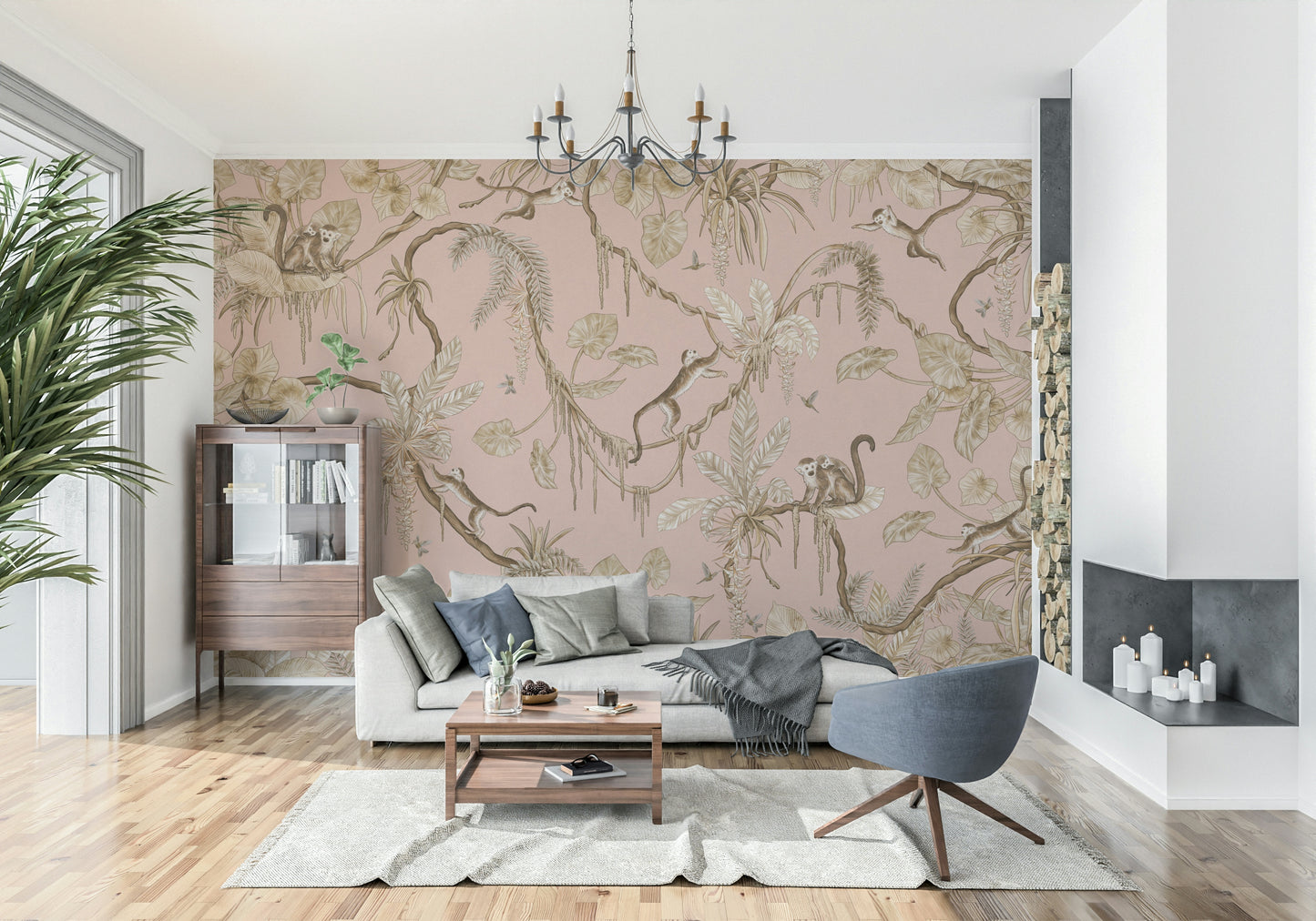 Lively mural of monkeys climbing trees surrounded by blush-hued foliage