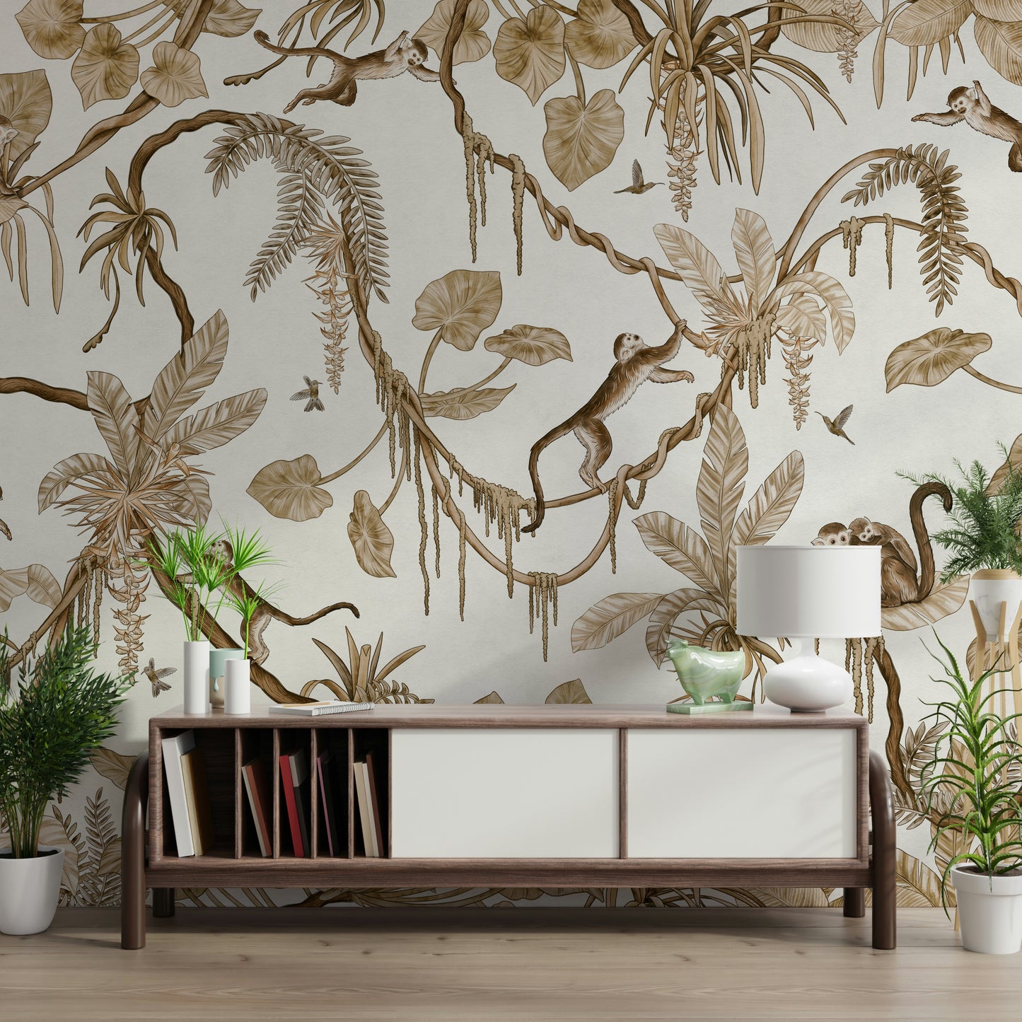 Tropical wall art with mischievous monkeys in a dense jungle setting