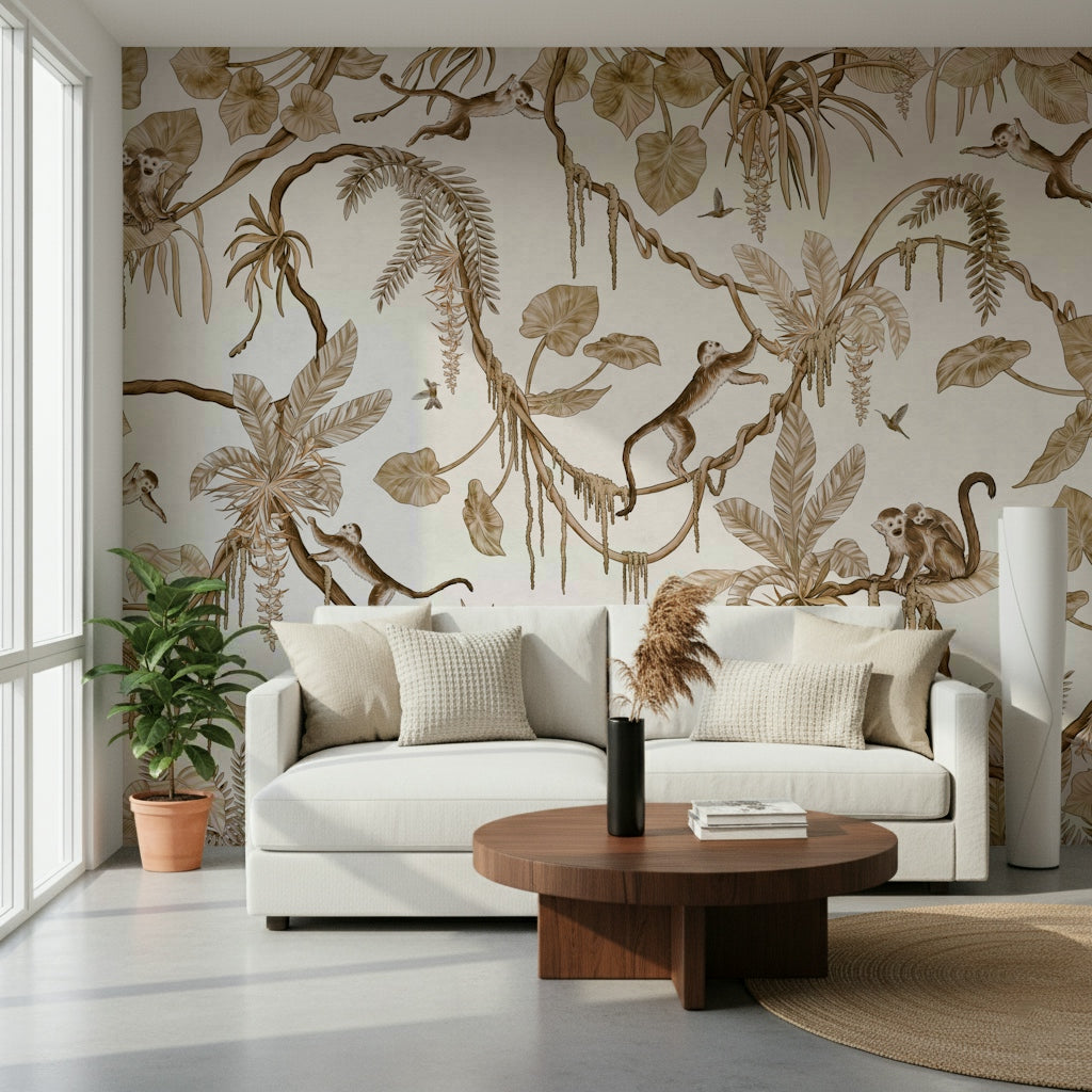 Jungle-inspired wall mural featuring monkeys exploring flowering foliage
