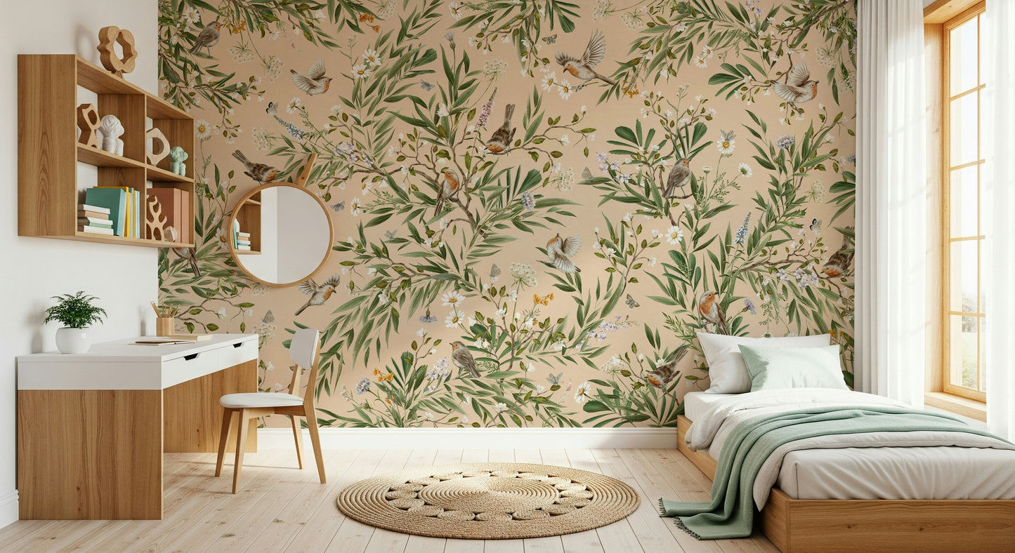 Nature-inspired wall art showing birds surrounded by lush flowers