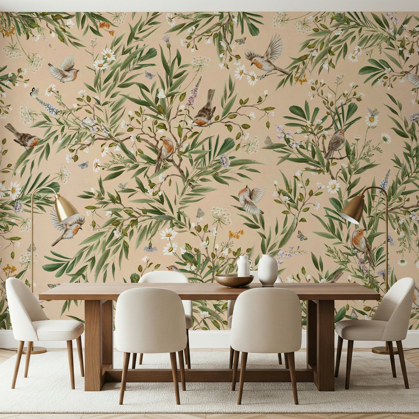 Romantic garden-inspired mural with birds interacting with vibrant flowers