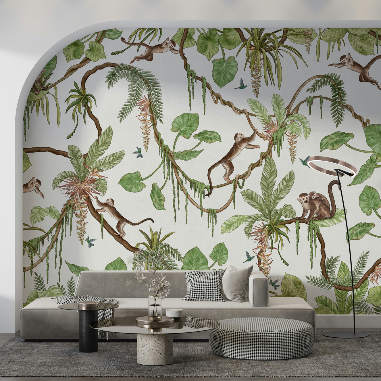 Playful monkeys in a lush jungle scene – animal wallpaper, jungle wallpaper, tropical wallpaper.