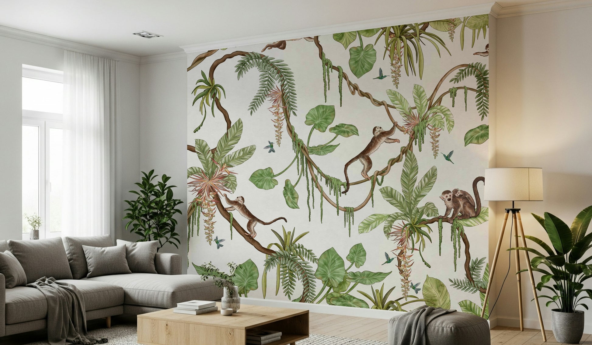 Playful tropical mural featuring monkeys swinging through trees – animal wallpaper, jungle wallpaper, tropical wallpaper.