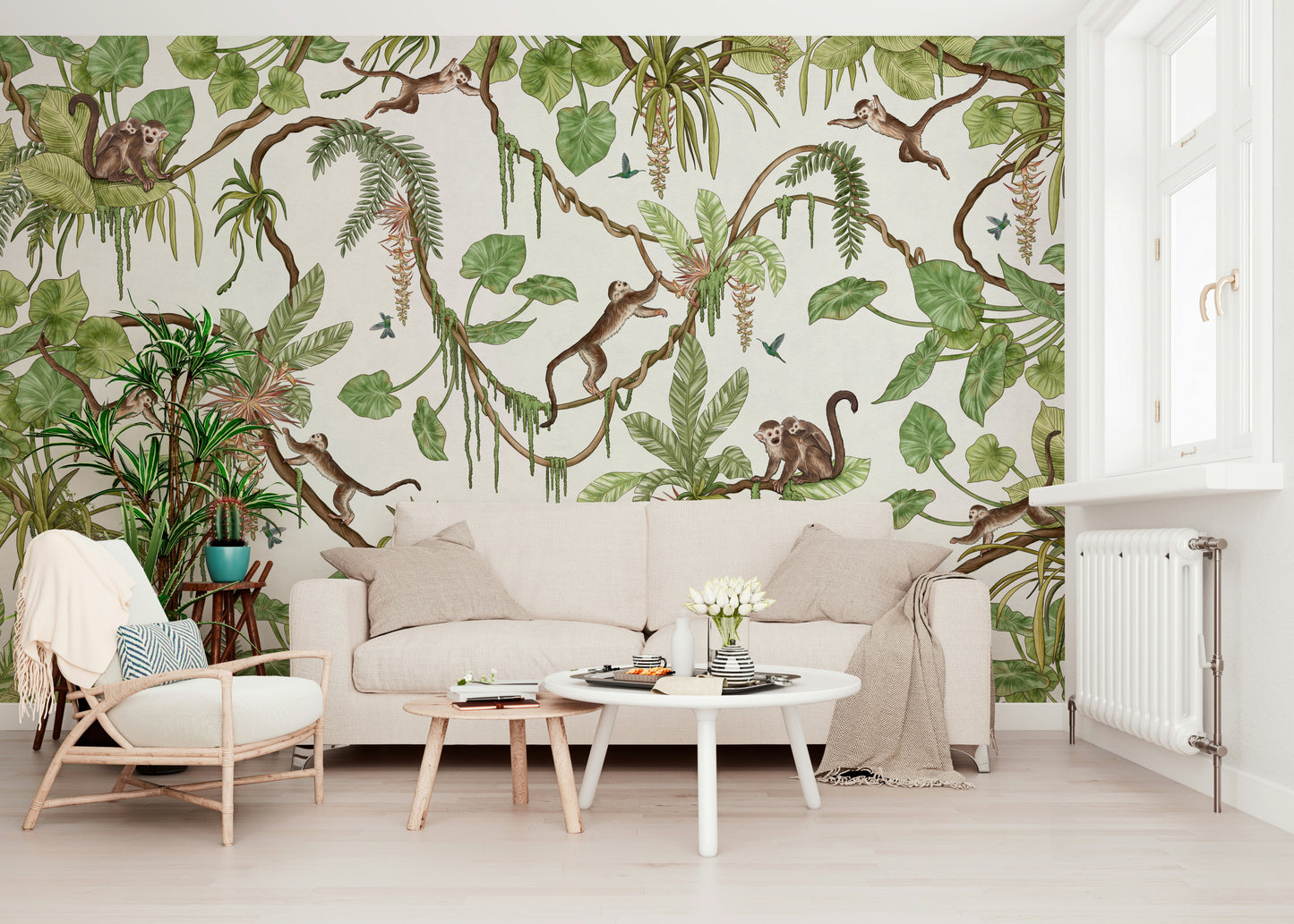 Detailed tropical wallpaper showing monkeys in a vibrant jungle environment – animal wallpaper, jungle wallpaper.