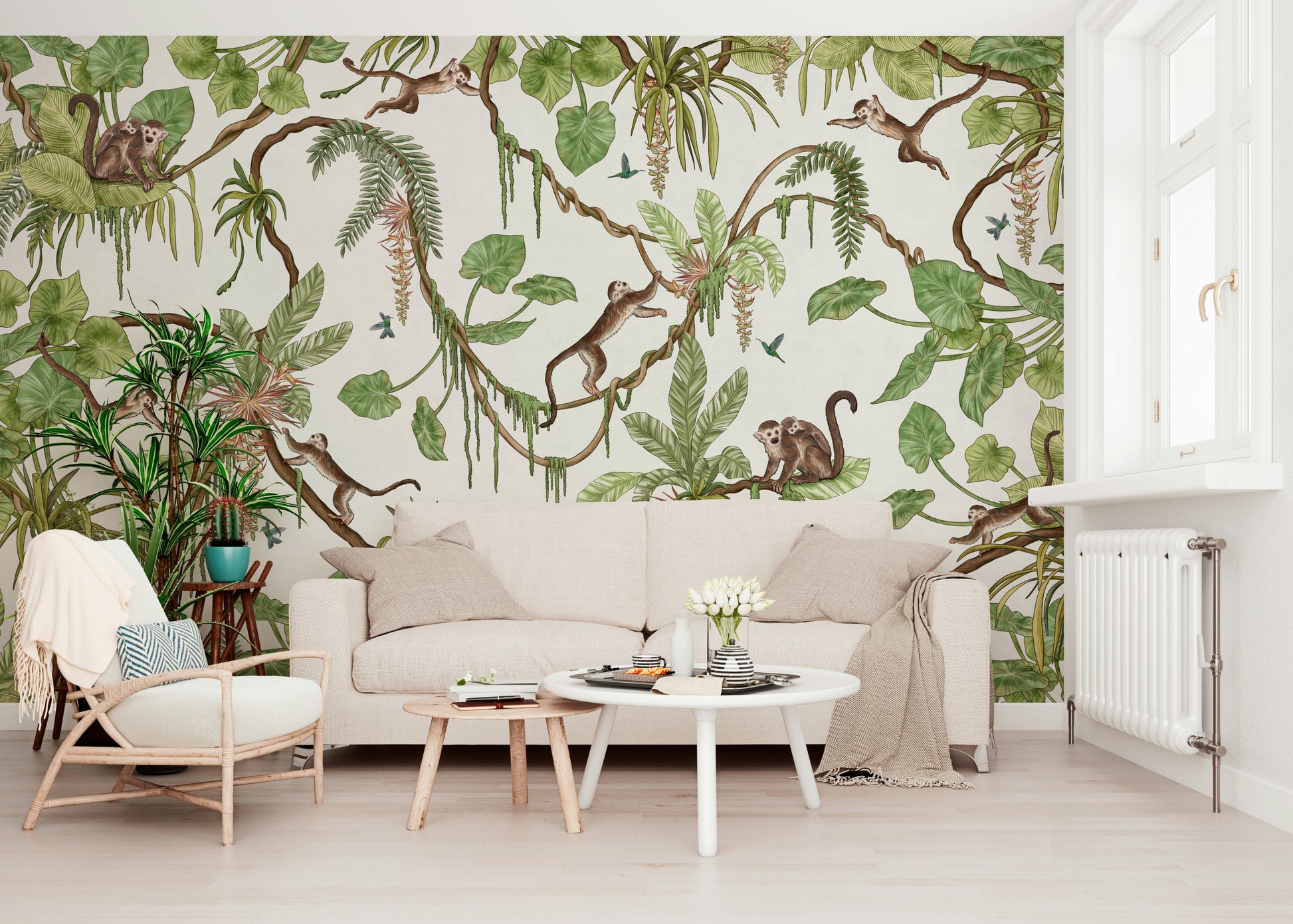 Detailed tropical wallpaper showing monkeys in a vibrant jungle environment – animal wallpaper, jungle wallpaper.
