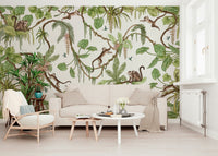 Detailed tropical wallpaper showing monkeys in a vibrant jungle environment – animal wallpaper, jungle wallpaper.