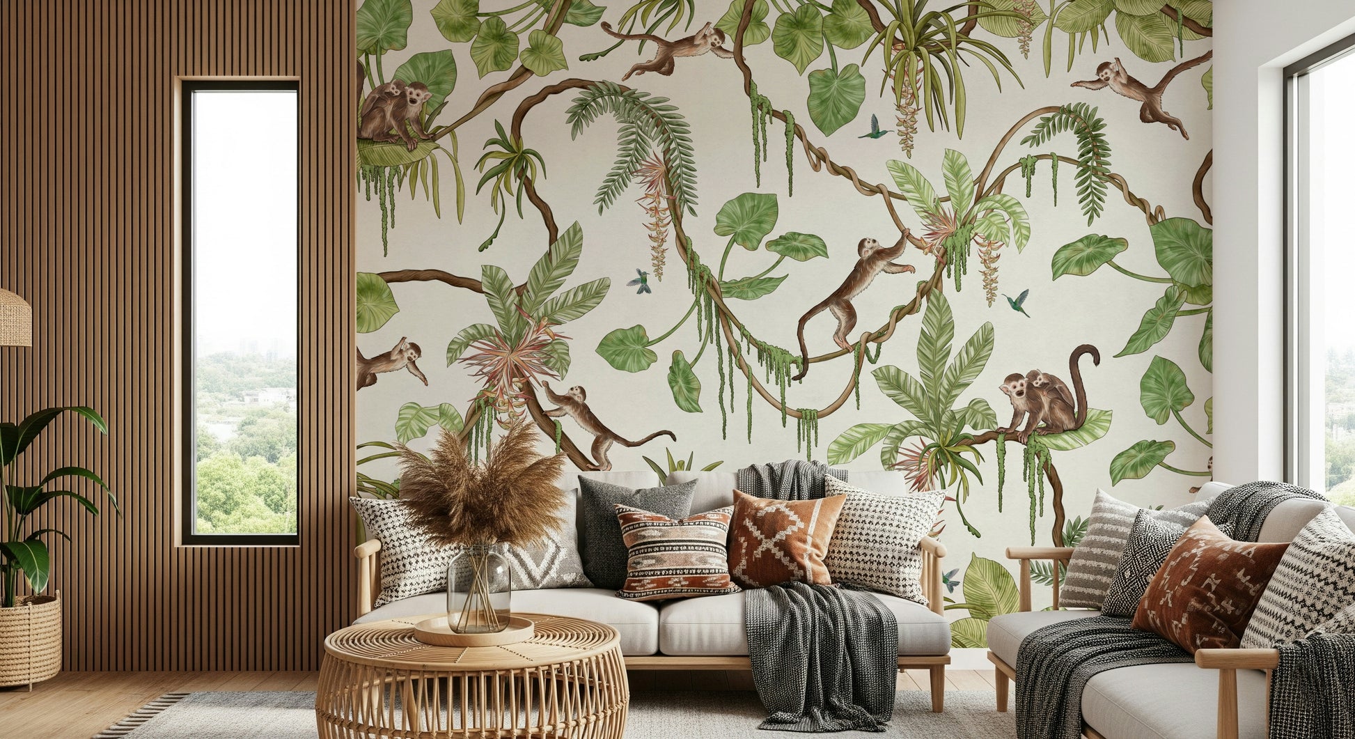Cheerful monkeys interacting in lush jungle foliage – animal wallpaper, jungle wallpaper, tropical wallpaper.