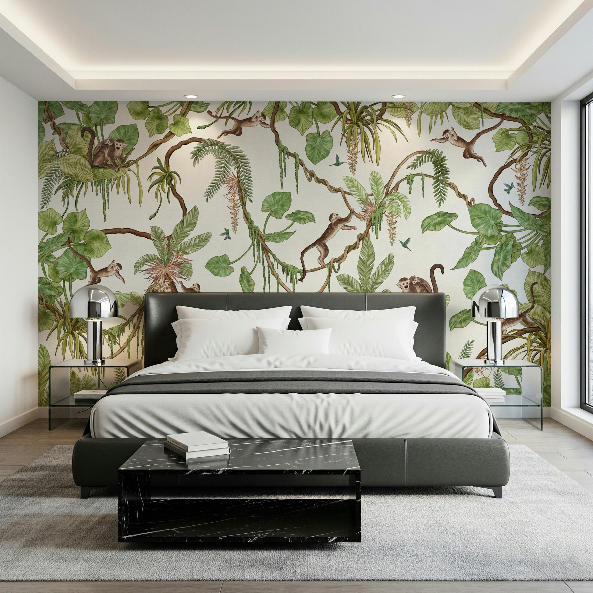 Whimsical jungle mural with monkeys exploring the treetops – animal wallpaper, tropical wallpaper, jungle wallpaper.