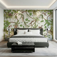 Whimsical jungle mural with monkeys exploring the treetops – animal wallpaper, tropical wallpaper, jungle wallpaper.