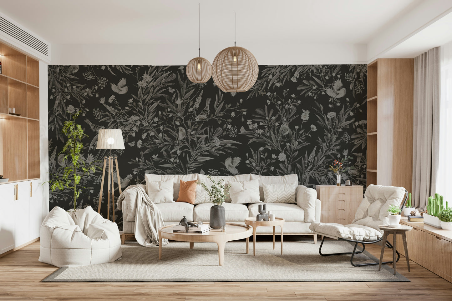 Nocturnal-themed mural with birds resting on branches under soft floral patterns