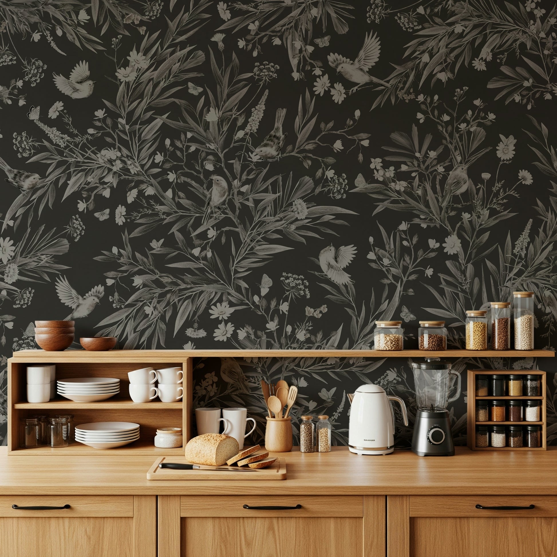 Artistic wall mural blending nocturnal birds with delicate botanical blooms