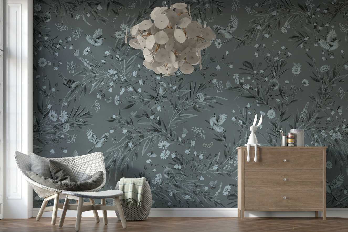 Elegant grey-toned wall mural featuring birds perched among delicate floral patterns