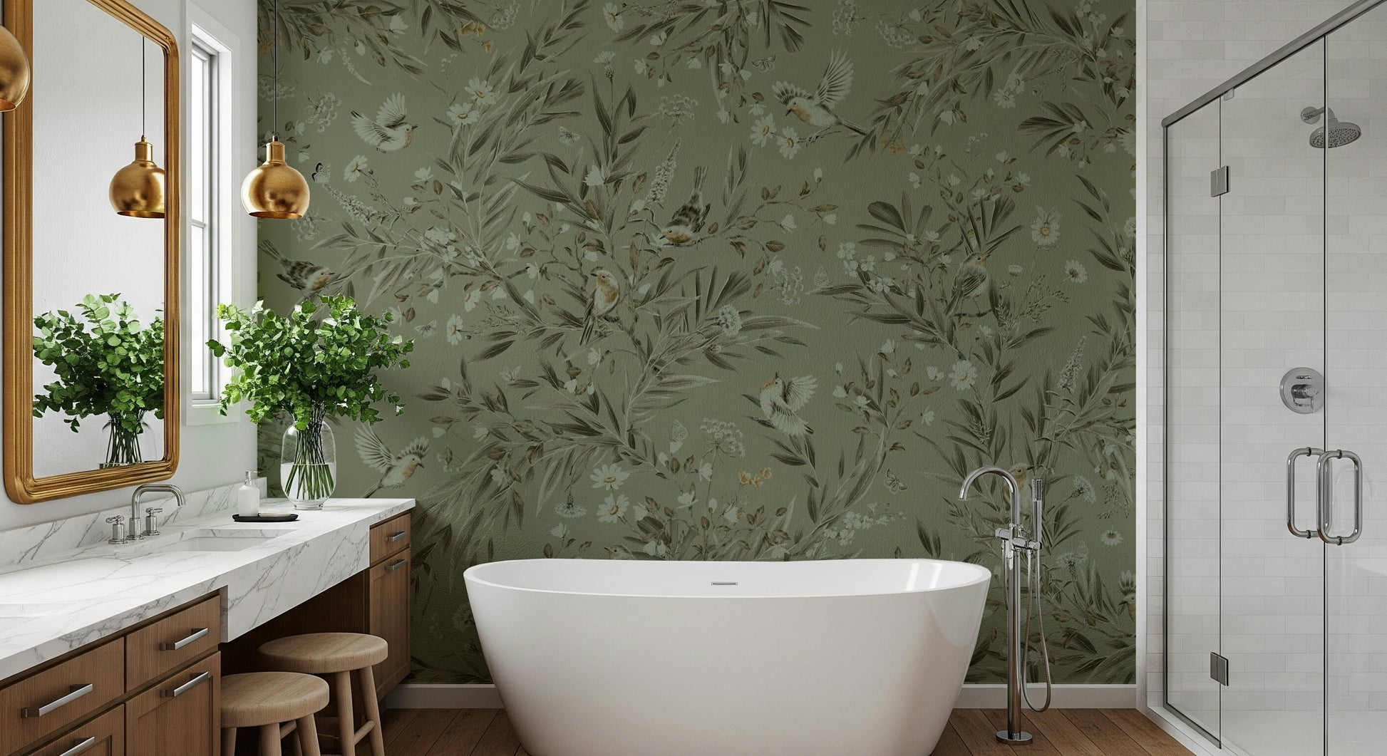 Romantic wall mural depicting birds and plants in a harmonious natural scene