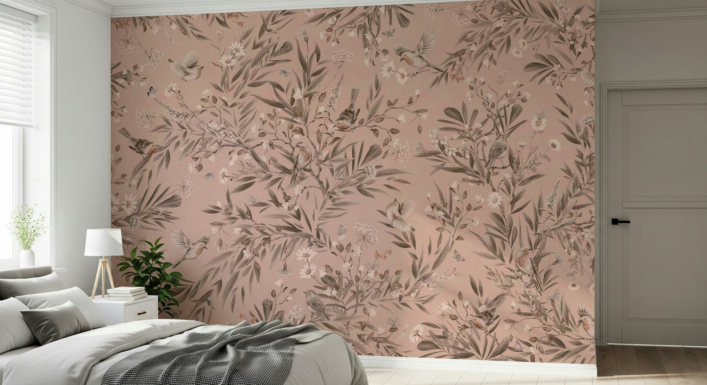 Tranquil mural showing songbirds resting amid detailed plant patterns
