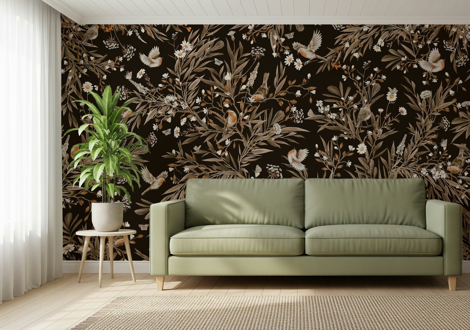 Tranquil mural with colorful songbirds resting among soft botanical blooms