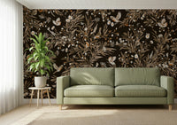 Tranquil mural with colorful songbirds resting among soft botanical blooms