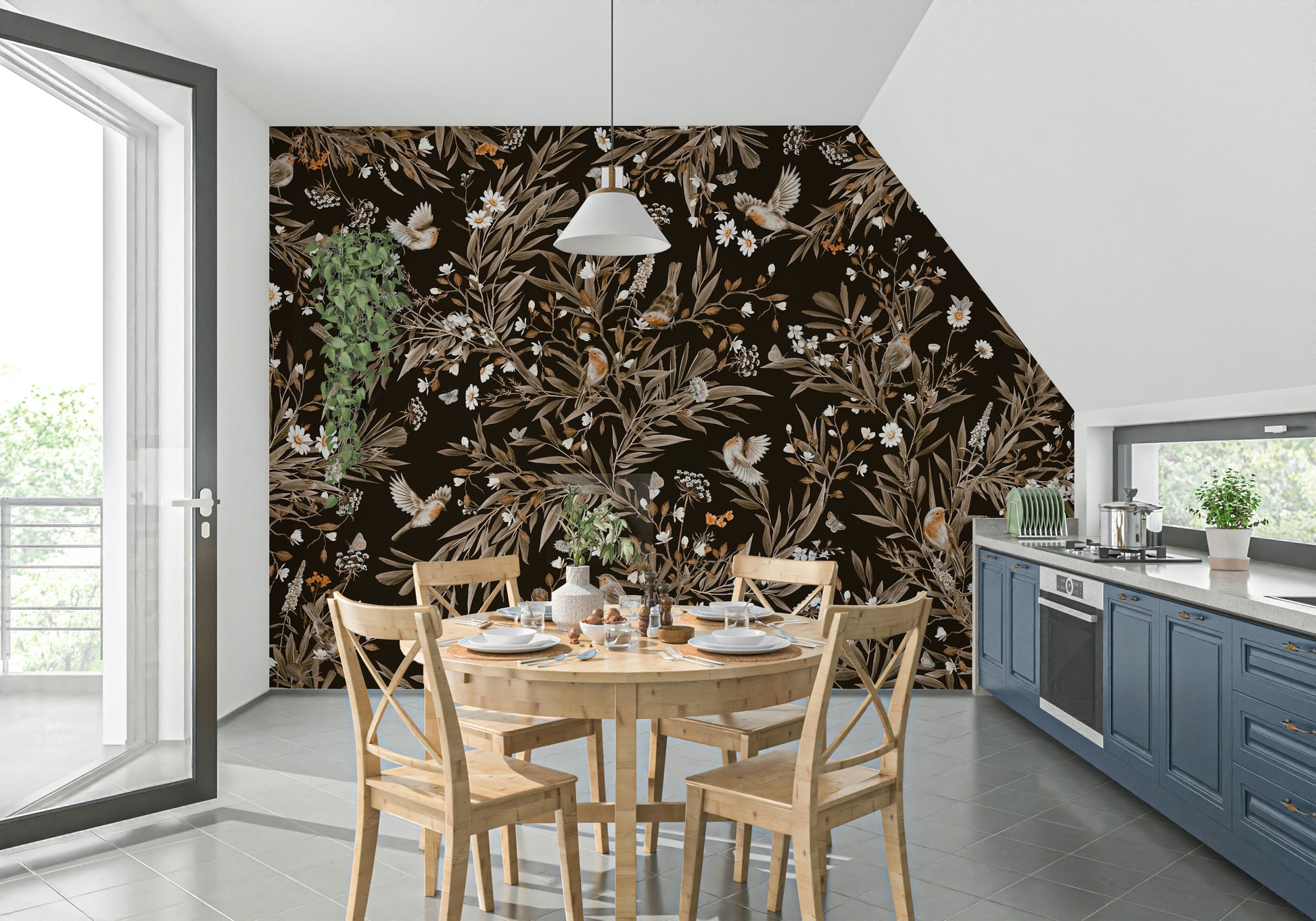 Beautiful botanical mural featuring songbirds singing in a tranquil garden