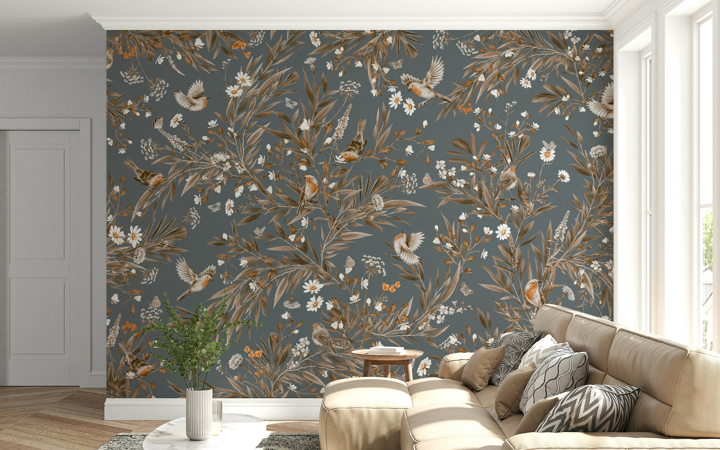 Charming botanical mural with birds resting on floral branches in pastel tones