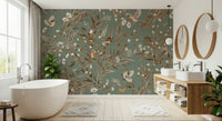 Romantic floral mural featuring songbirds among radiant blooms and greenery