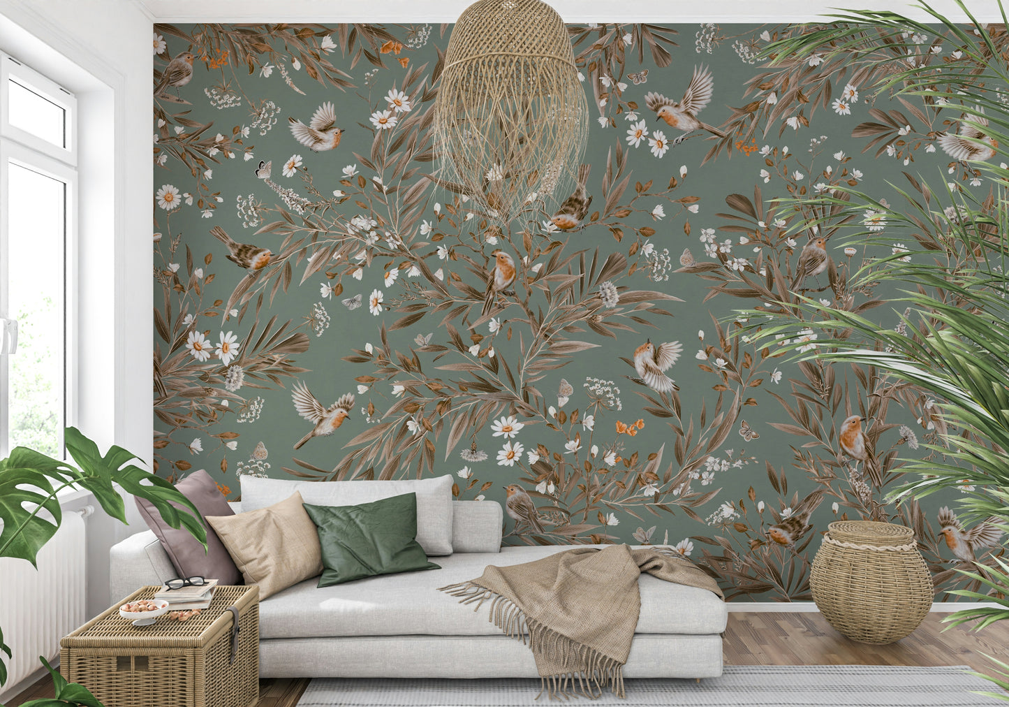 Detailed wall art capturing the charm of birds and flowers in soft watercolor tones