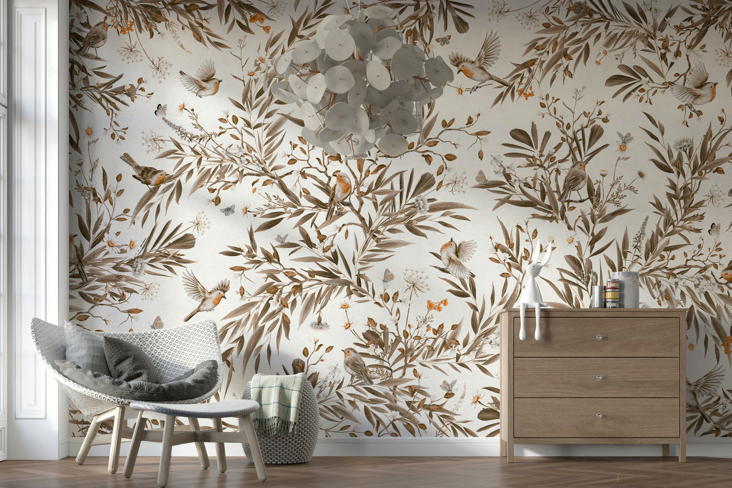 Romantic vintage mural in sepia hues featuring birds among delicate blooms
