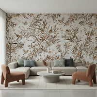 Tranquil wall mural showing songbirds and blossoms in a muted sepia palette