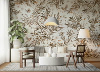 Artistic sepia mural of birds resting on floral branches, evoking timeless beauty