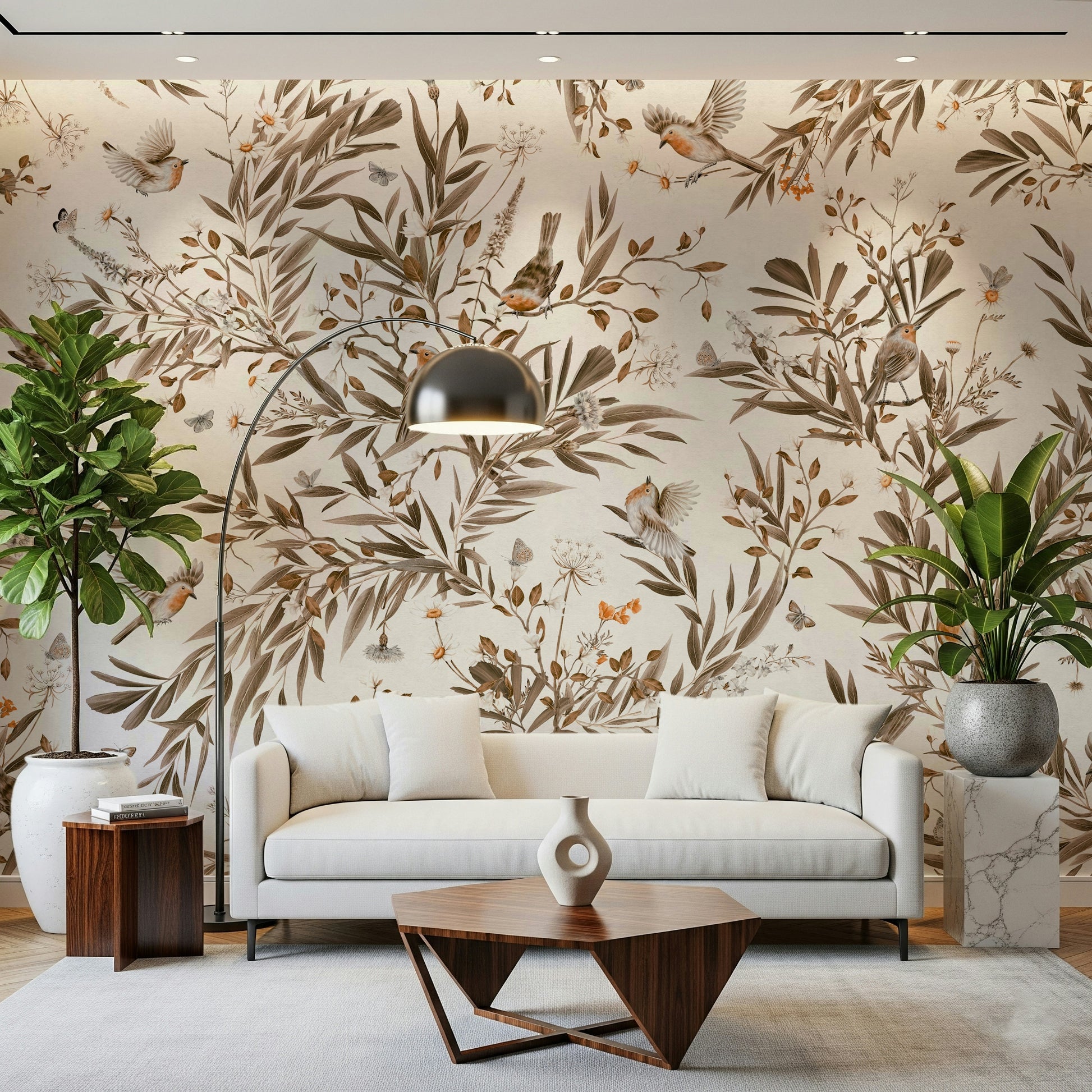 Elegant sepia wall mural featuring delicate birds among soft floral blooms