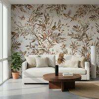 Nature-inspired mural with subtle sepia flowers and perched birds