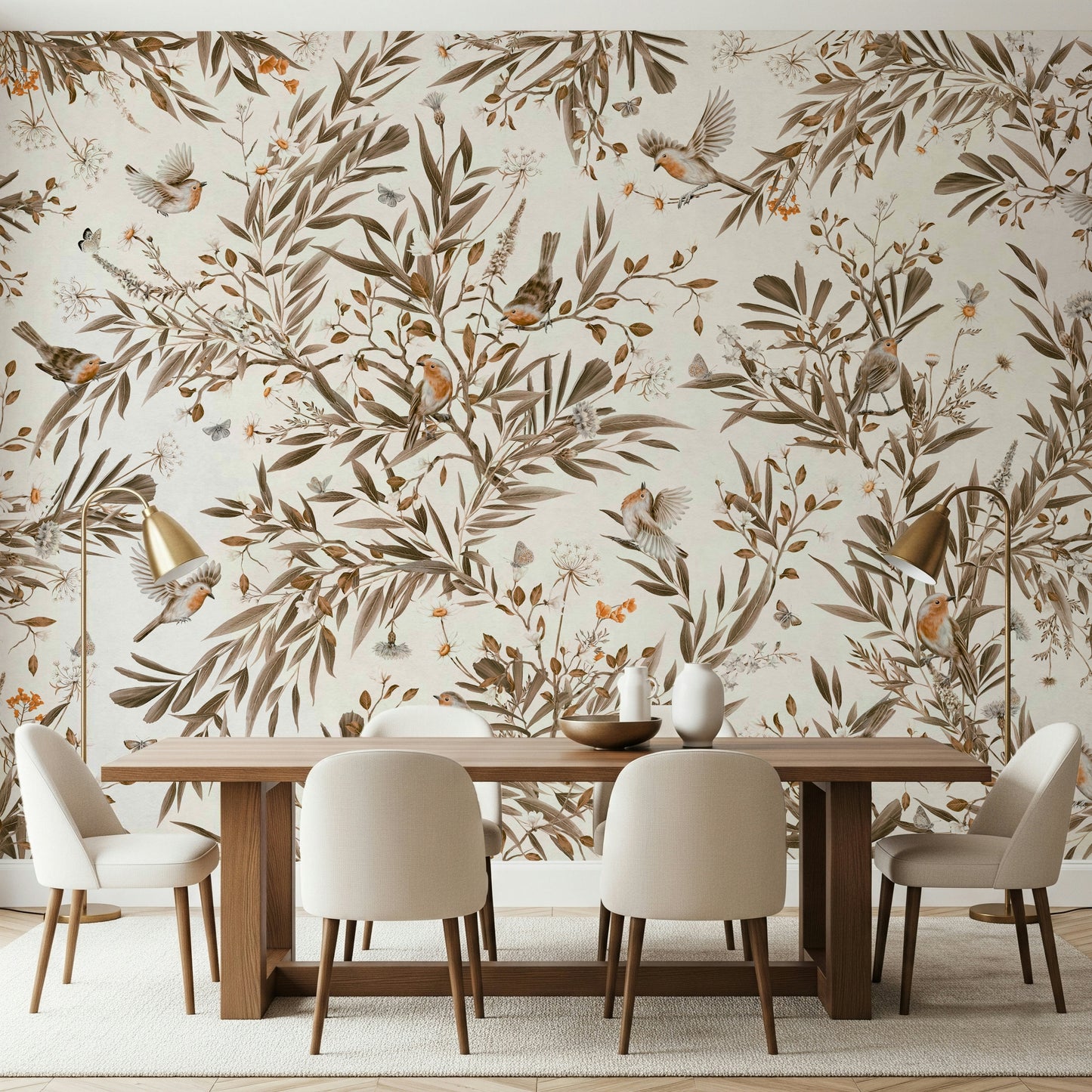 Soft botanical composition of birds and blossoms in calming sepia shades