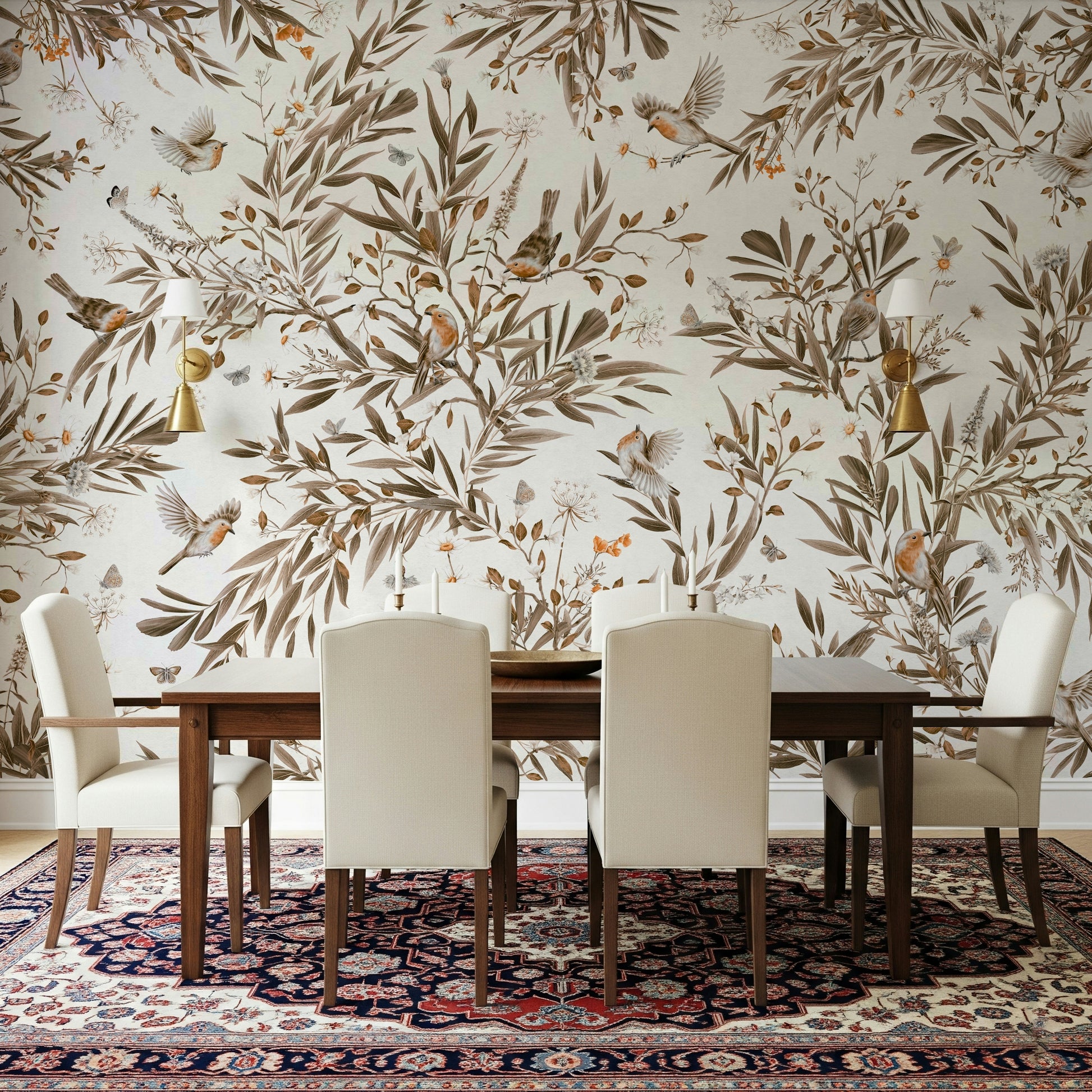 Classic sepia floral mural with gentle birds and soft botanical details