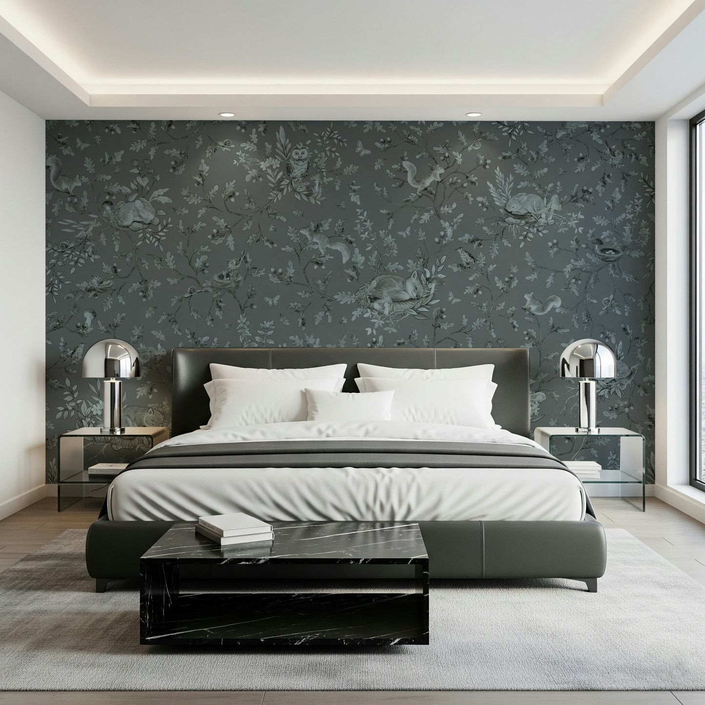 Dreamy woodland mural capturing tranquil trees and gentle light for a peaceful space.