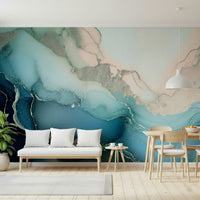 Turquoise mineral-inspired wall mural with fluid marble patterns and natural stone artistry.
