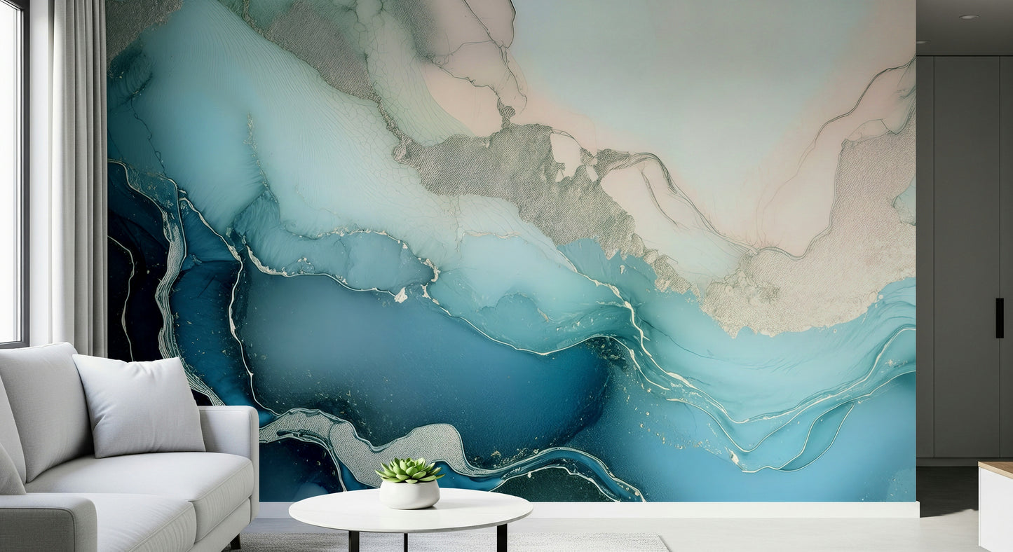 Luxurious abstract mural blending mineral blues and stone-like veining for a timeless aesthetic.