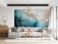 Artistic wall mural featuring layered mineral formations in teal, turquoise, and aqua tones.