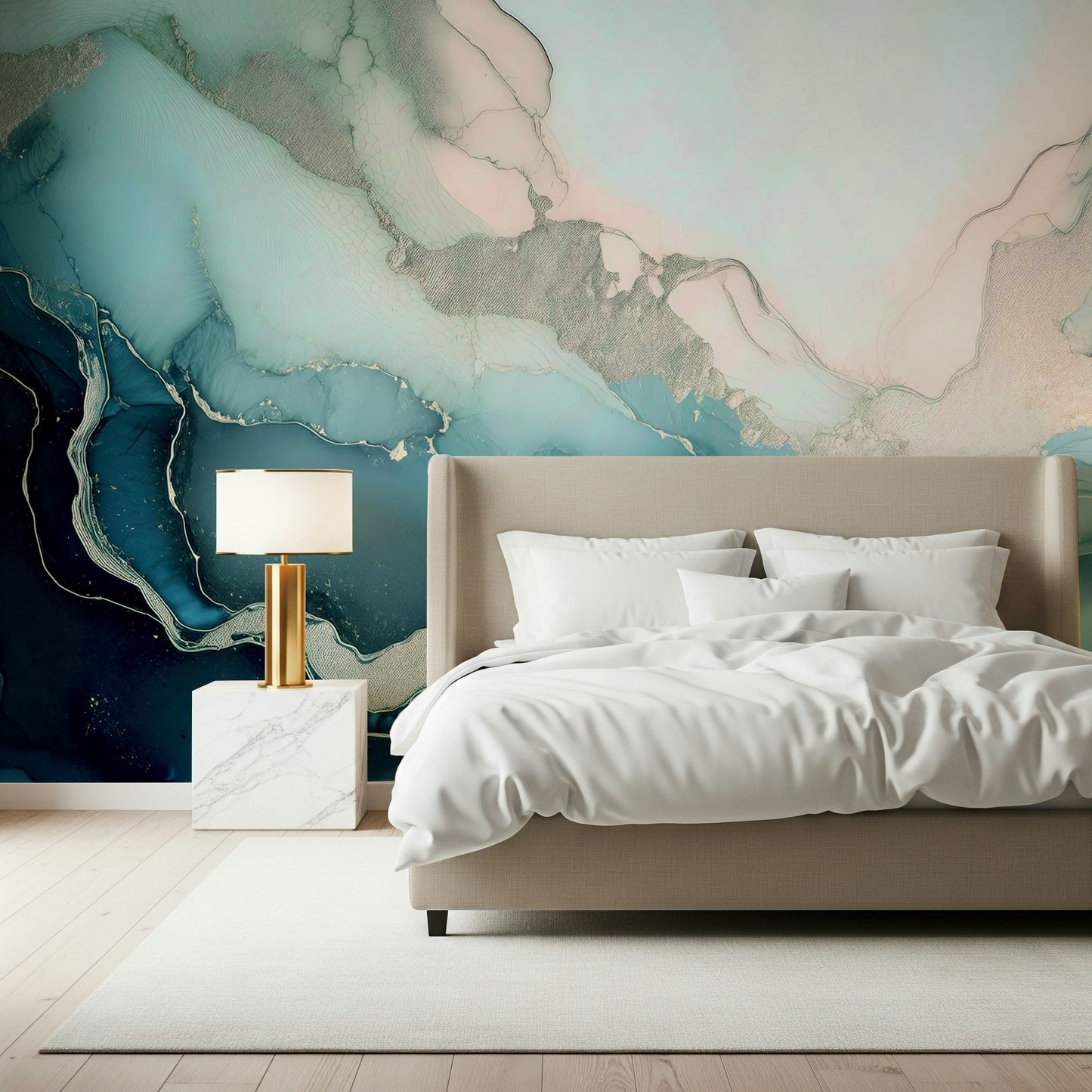 Abstract marble mural blending turquoise hues and mineral veining for a serene, luxurious interior.