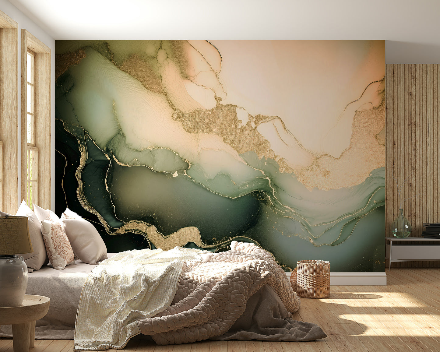 Calming mineral mural with layered stone effects in soft beige, gray, and cream tones.