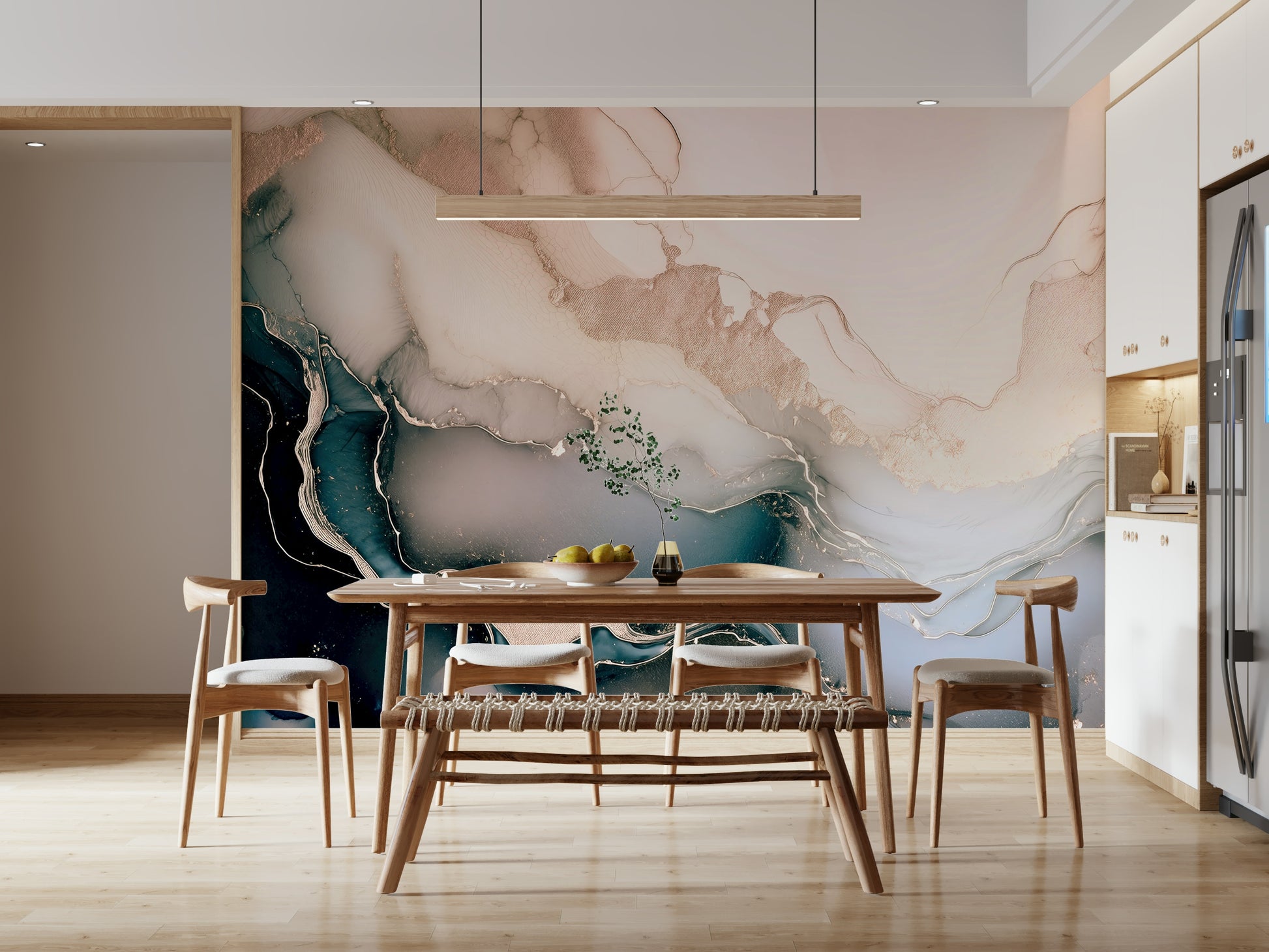 Abstract wall mural featuring soft mineral gradients in pink, ivory, and gold for refined interiors.