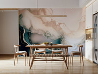 Abstract wall mural featuring soft mineral gradients in pink, ivory, and gold for refined interiors.