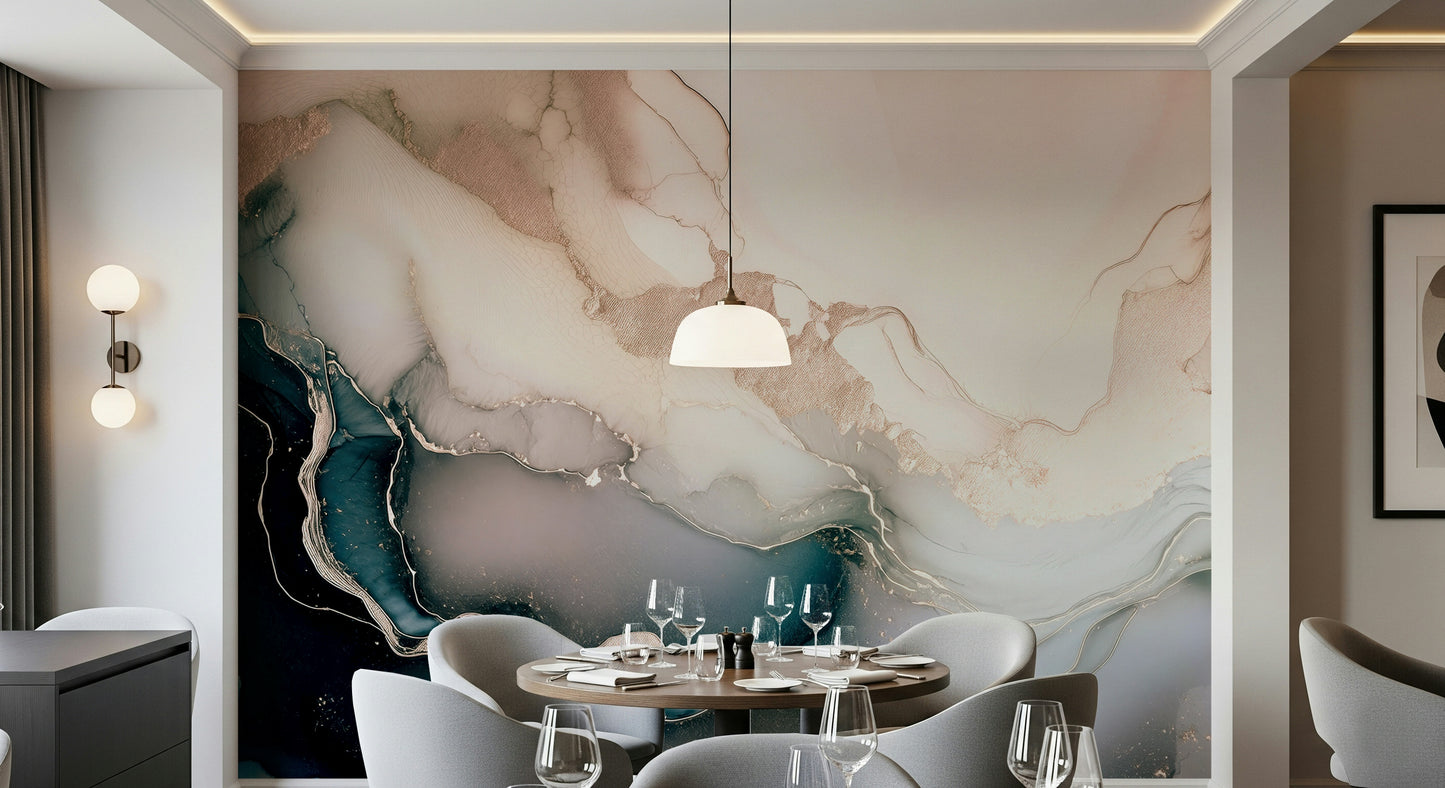 Rose gold mineral wall mural showcasing fluid stone patterns with a soft, feminine elegance.