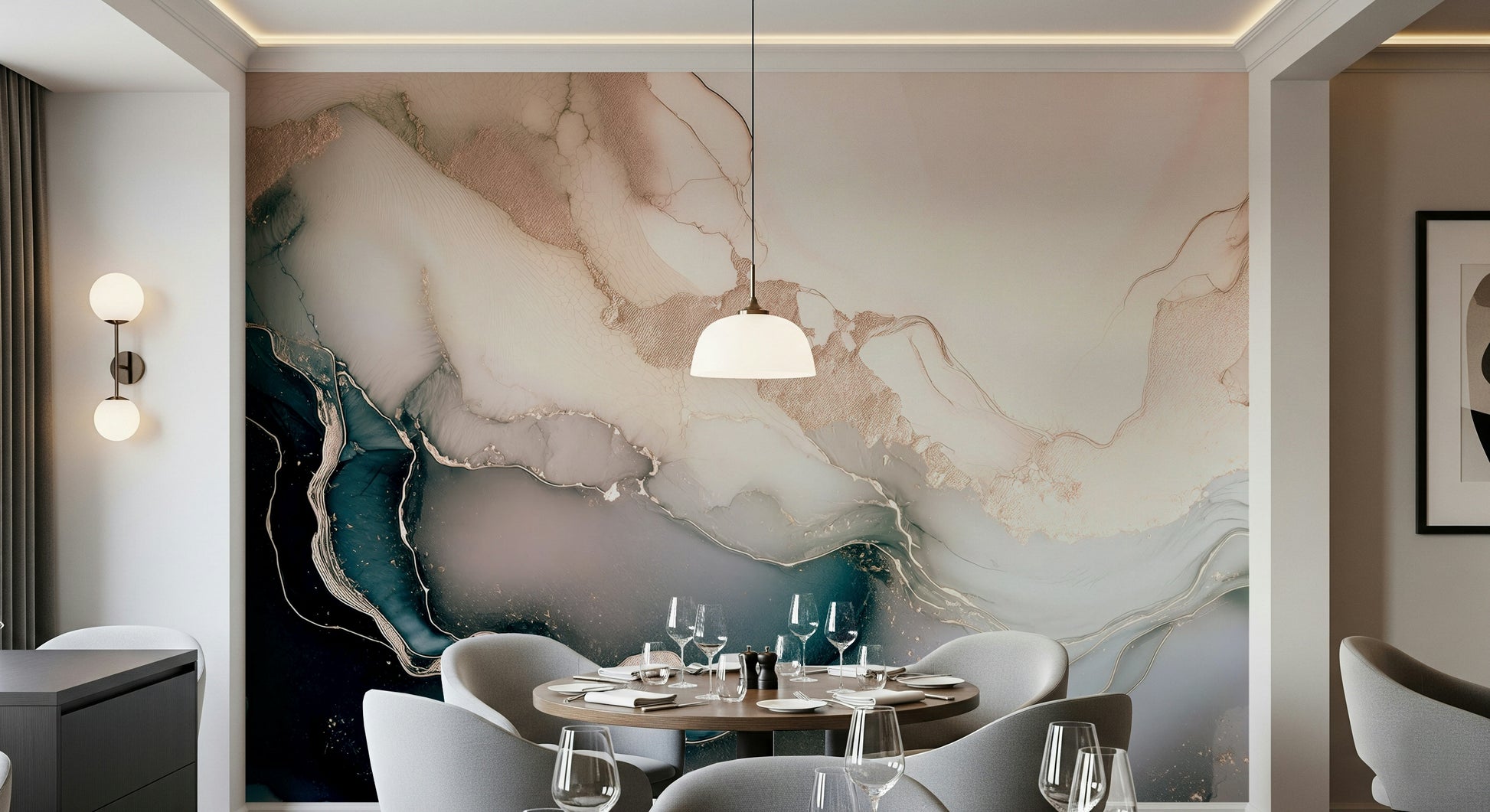 Rose gold mineral wall mural showcasing fluid stone patterns with a soft, feminine elegance.