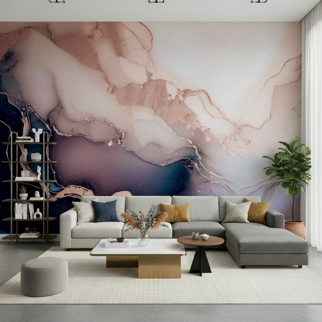 Purple marble-inspired mural with natural mineral textures and smooth, fluid color transitions.