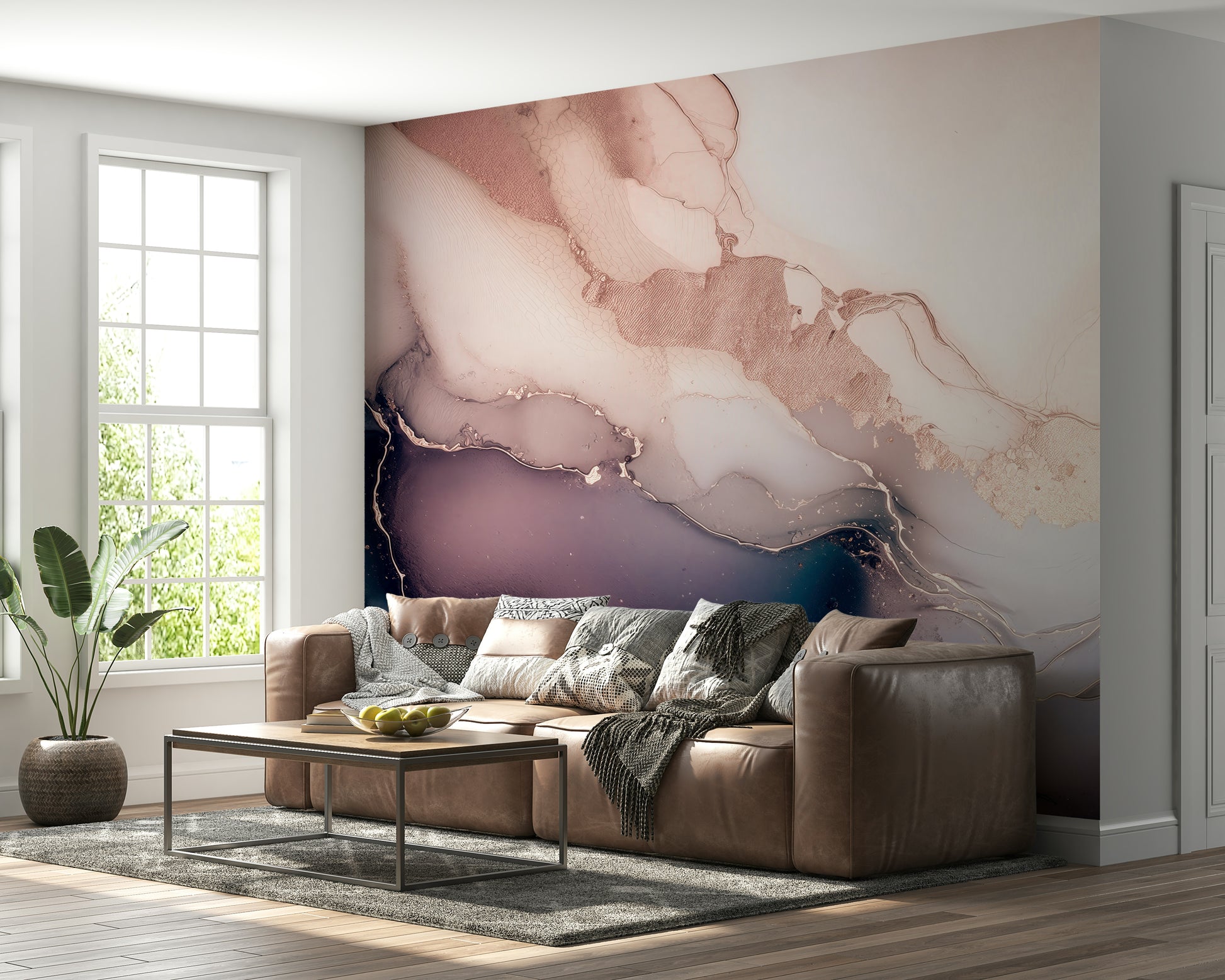 Artistic mural combining soft lilac, cream, and gray tones to mimic delicate stone layers.