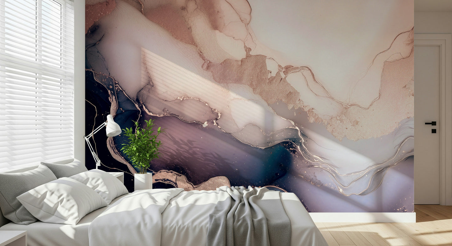 Elegant wall mural blending soft purple mineral patterns with natural stone-inspired details.