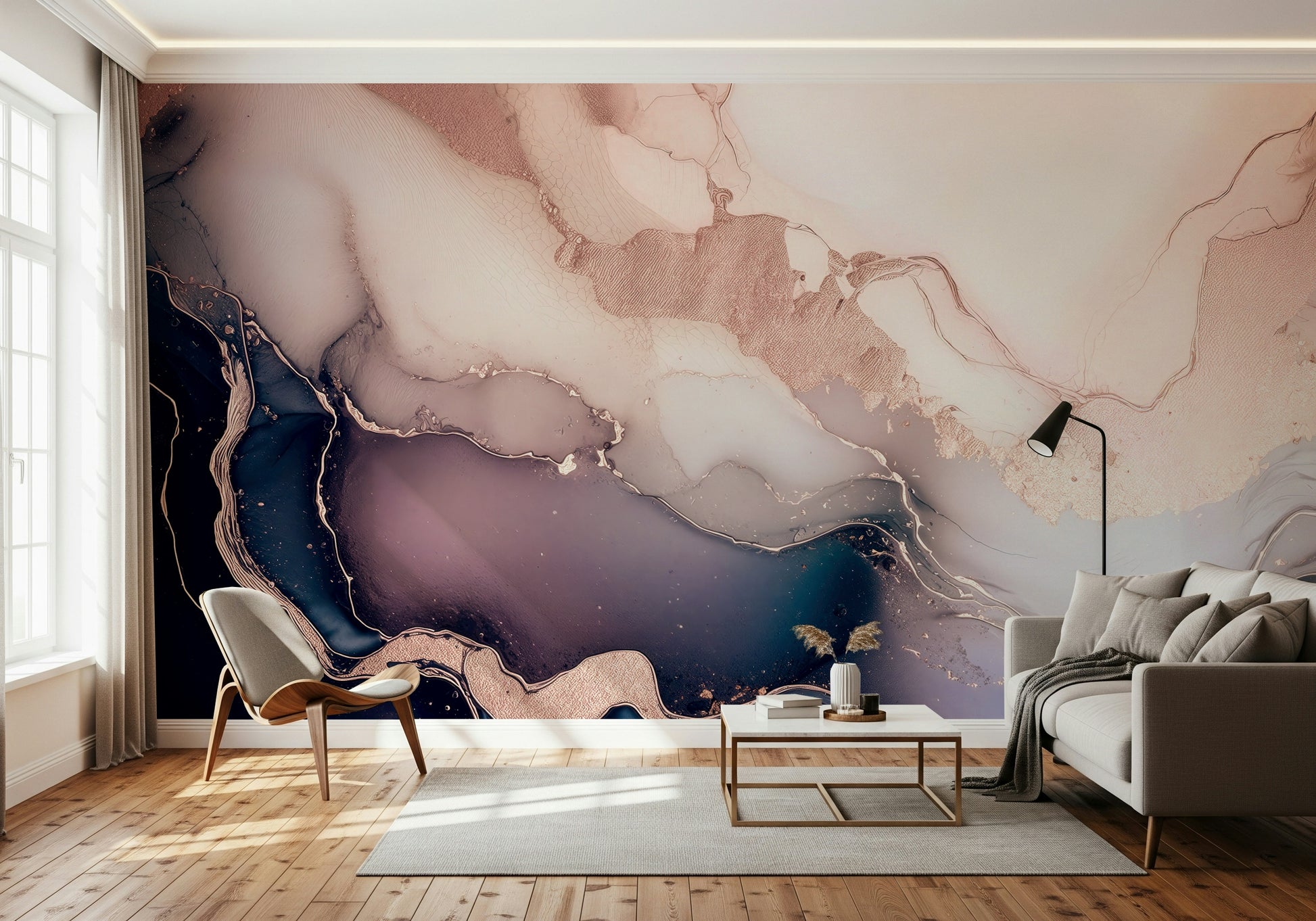 Wall mural featuring soft mineral gradients in lavender and mauve for a calming, elegant atmosphere.
