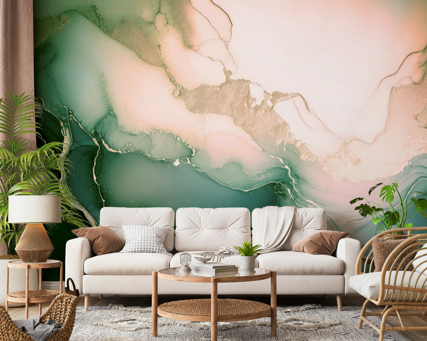 Abstract mineral-inspired mural with soft sage greens and rosy undertones for a serene atmosphere.