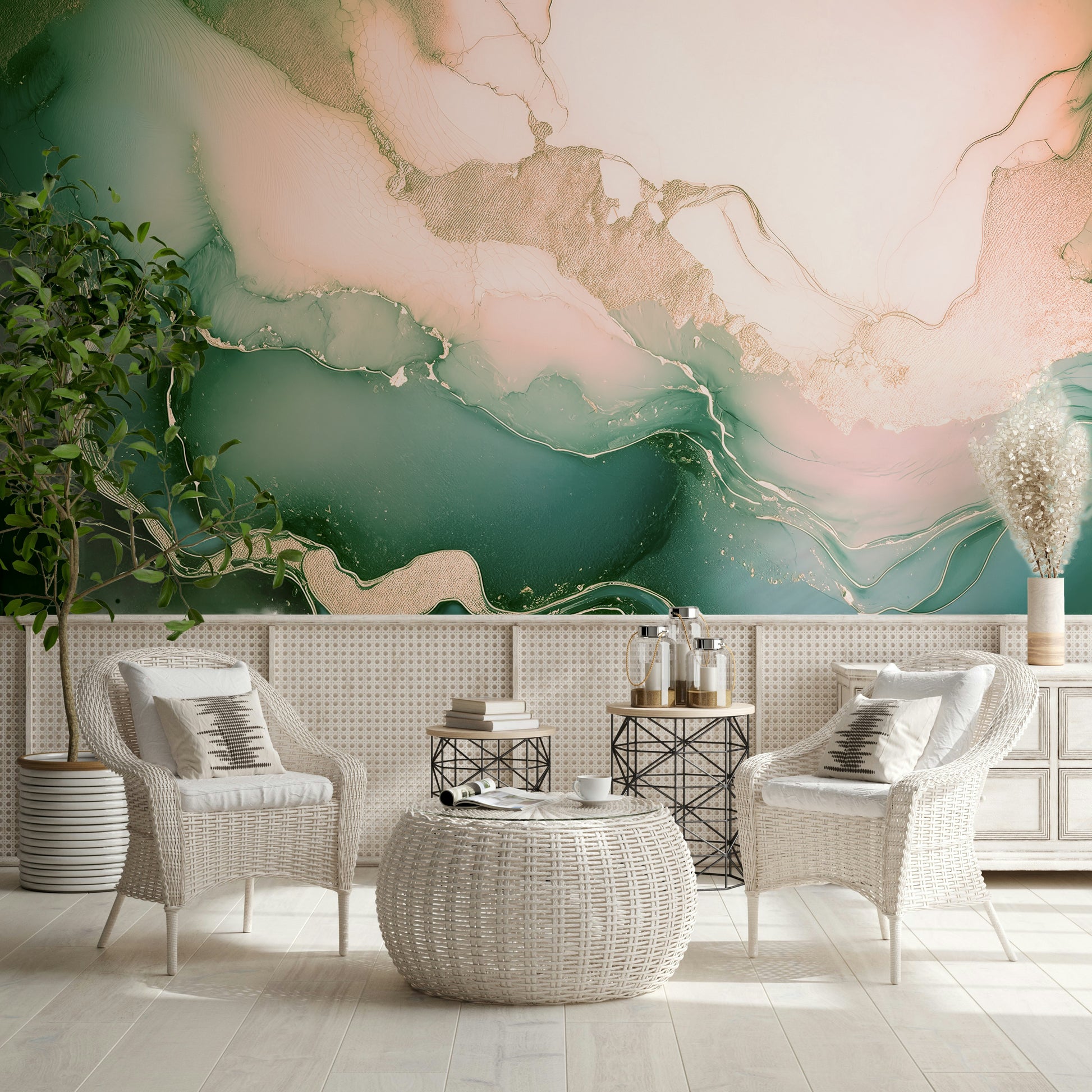 Artistic mineral mural blending sage, blush, and cream tones to create a tranquil, natural aesthetic.