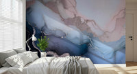 Abstract wall mural with deep blue mineral tones and soft metallic accents for refined interiors.