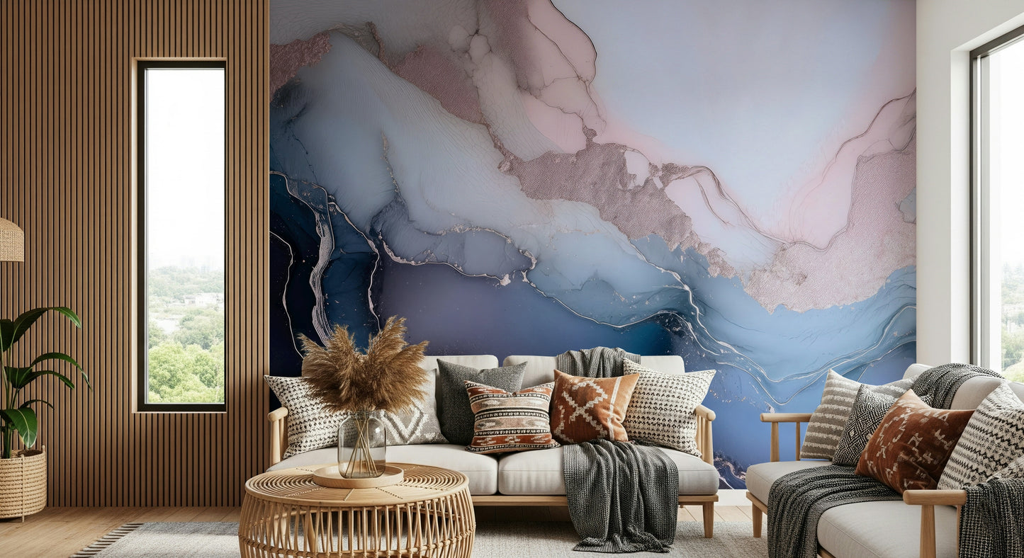 Blue mineral-inspired mural with textured layers evoking the beauty of natural stone and geodes.